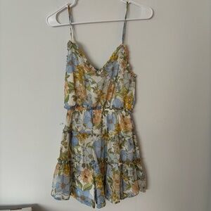 blu pepper blue, orange, yellow, green & white floral flowy v neck short romper🌼